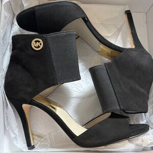 Michael Kors Black Suede Open-Arch Stiletto Sandals with Gold MK Accent